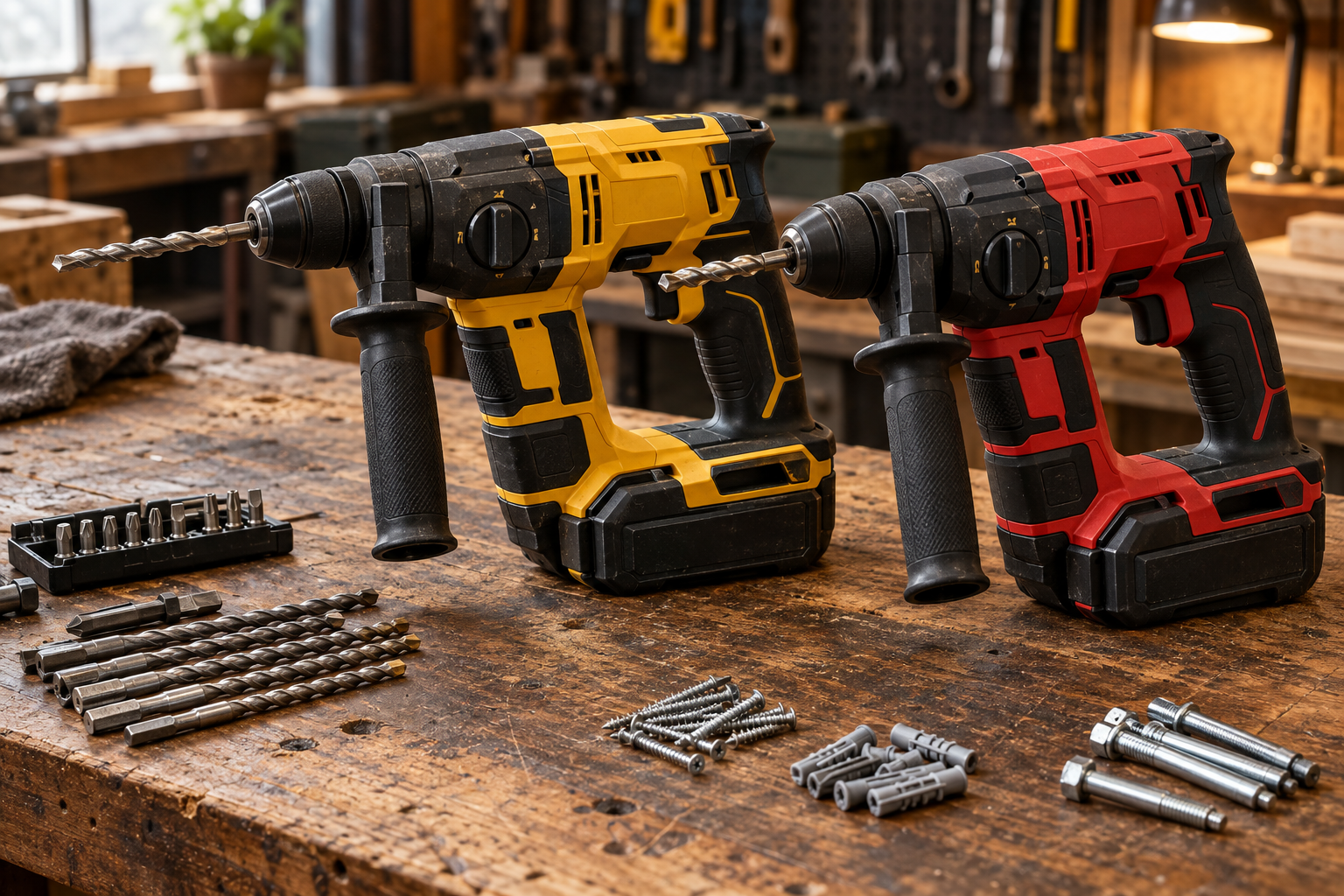 Two cordless hammer drills lying parallel on a workbench