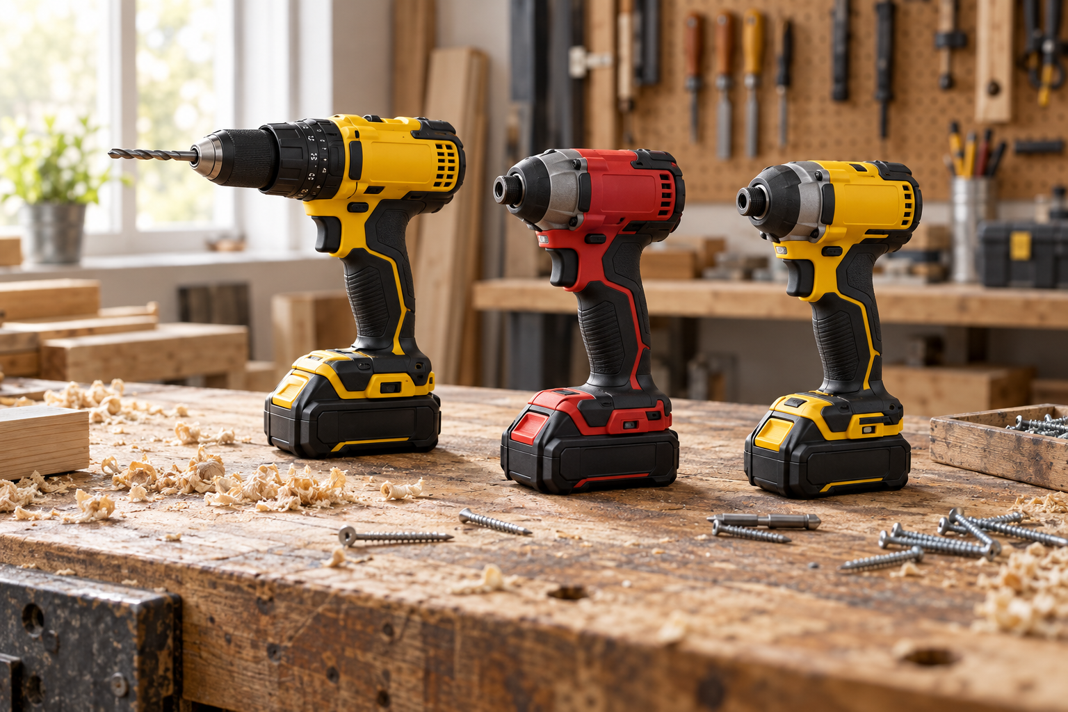 A cordless drill-driver and two impact drivers laid out on a wooden workbench in warm workshop light