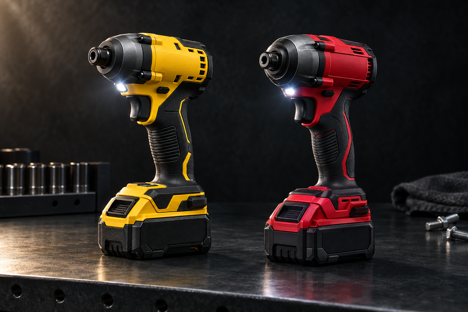 Two cordless impact drivers side by side on a dark workbench