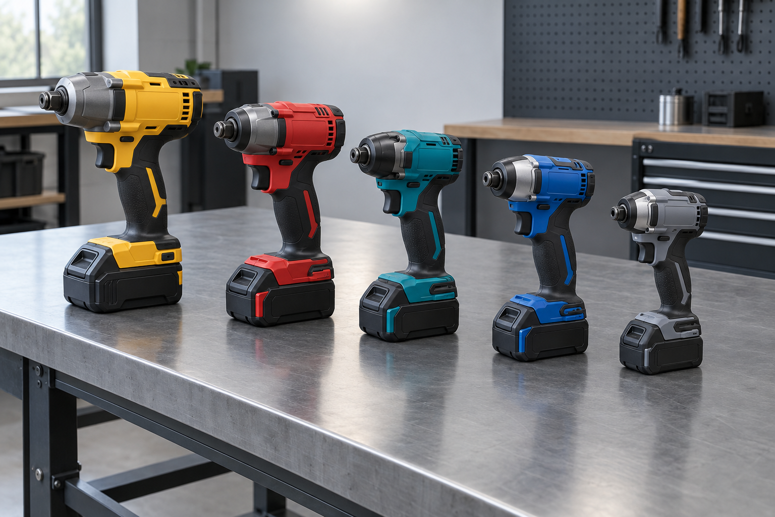 Row of five cordless impact drivers on a steel table